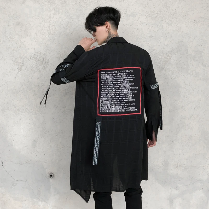 

Men Thin Plaid Mesh Long Loose Casual Shirt Stage Youth Male High Street Fashion Hip Hop Punk Long Sleeve Ribbon Shirts