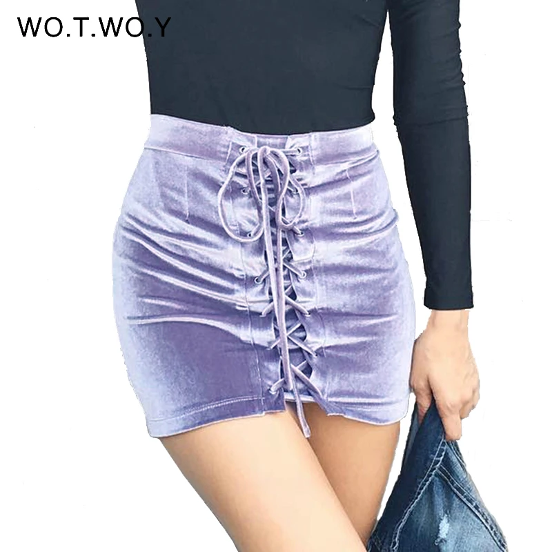 

Lace Up Velvet Pencil Skirts Womens 2017 Spring Short Zipper Split Mini Skirt Women Elastic Bodycon High Waist Skirt D635