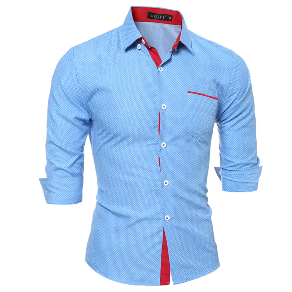 Мужская одежда, рубашки с длинным рукавом, модная блузка, топы, camisa masculina, мужские рубашки, облегающие, в горошек, d90622