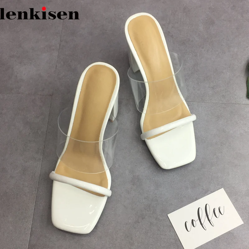 Lenkisen 2018 new natural leather jelly shoes women sandals fashion peep toe slip on sweet women crystal transparent mules L09