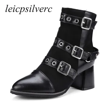 

Women Boots Winter Autumn Warm Plush Shoe Ankle Chelsea Boot High Heels Pointed Toe Zip Pu Buckle Rivet 2017 Sexy New Black Gray
