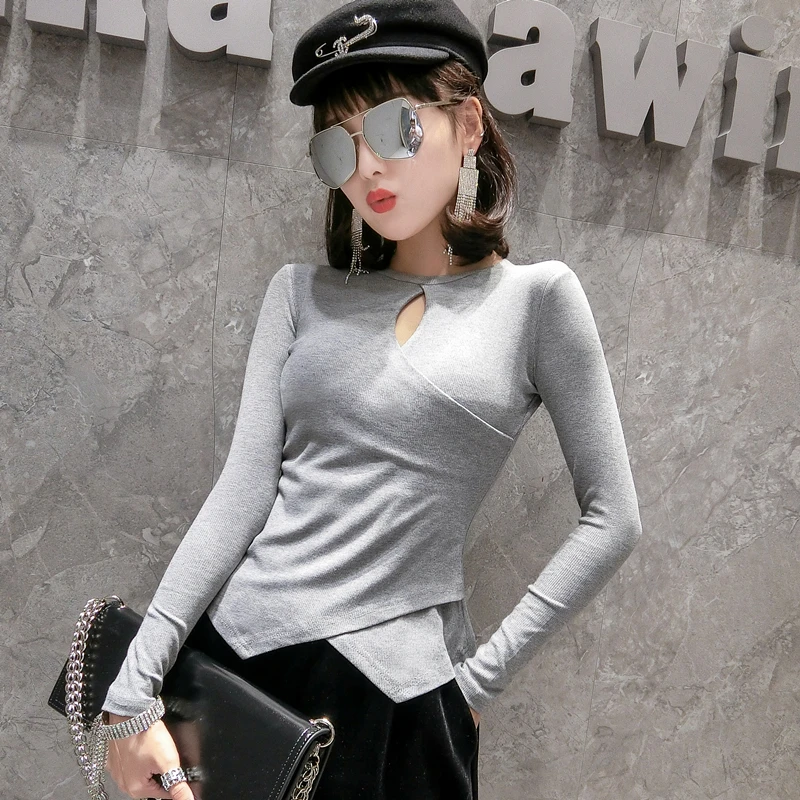 Gray tshirt Европейская футболка с неровностью, весна-лето, Топ с длинным рукавом, одежда, рубашка, Camiseta Mujer, черный, белый, серый, кофейный, T97106 - Цвет: Gray tshirt