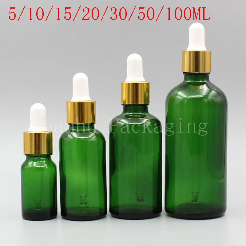 

Green Glass Bottle With Gold Dropper , Essential Oil / Perfume / Essence Sub-bottling , Empty Cosmetic Container (15 PC/Lot )