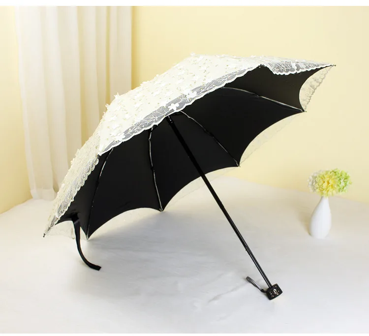 Double lace parasol Embroidery sunny and rainy sun protection uv umbrella Double umbrella cloth with three folds 3D embroidery