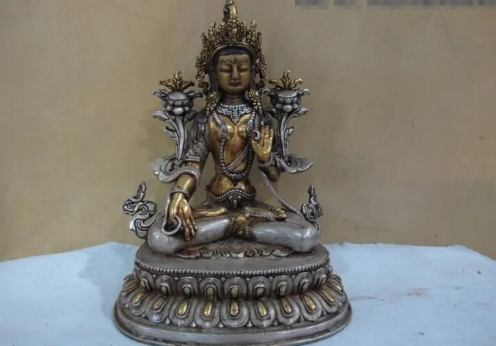 

song voge gem S0605 9.5 Tibet classical Copper Silver gilt White TaRa Guan Yin goddess Buddha Statue