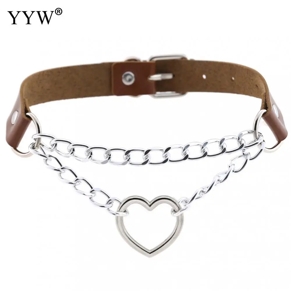 light brown Темный готический сердечный чокер, воротник harajuku, Панк чокер для женщин и девочек, черный кожаный чокер, кавайные ювелирные изделия с изображением ведьмы - Окраска металла: light brown