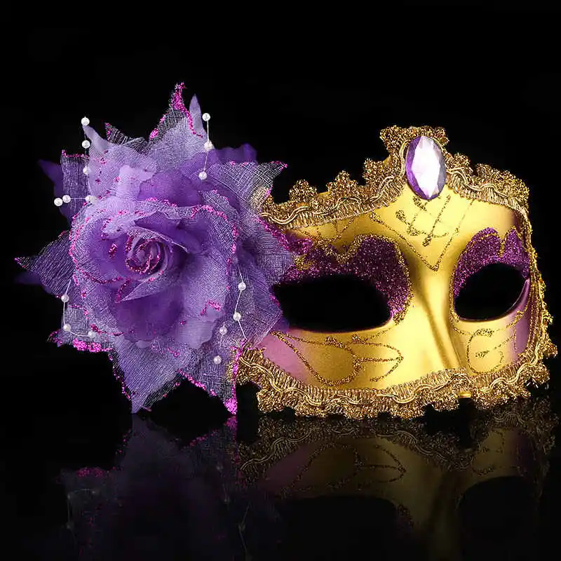 Многоцветная Сексуальная Венецианская маска с розами Сексуальная Половина Хэллоуин маски с цветами декор для женских маскарадных Вечерние - Цвет: Purple