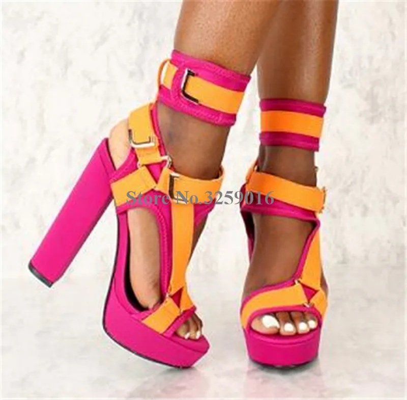 

2019 Summer New Fashion Open Toe Suede Leather Chunky Heel High Platform Sandals Patchwork Buckles High Heel Sandals Dress Shoes