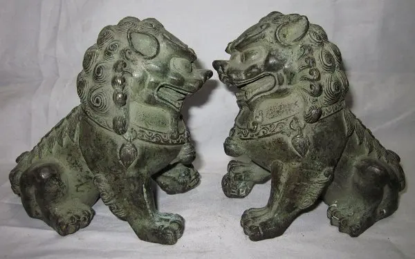 

Pair Chinese Bronze Lion Foo Fu Dog Guardian Statue (A0314)