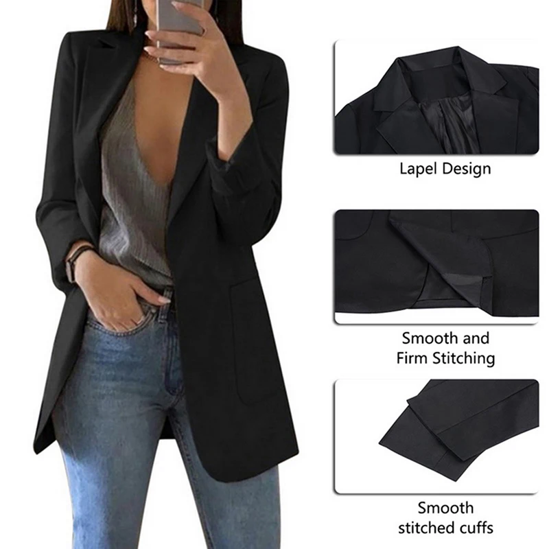 LASPERAL Spring Women Blazer Fashion Solid Long Sleeve Cardigan Jacket Suit Vintage Turn-down Collar Outwear Ladies Blazer Top
