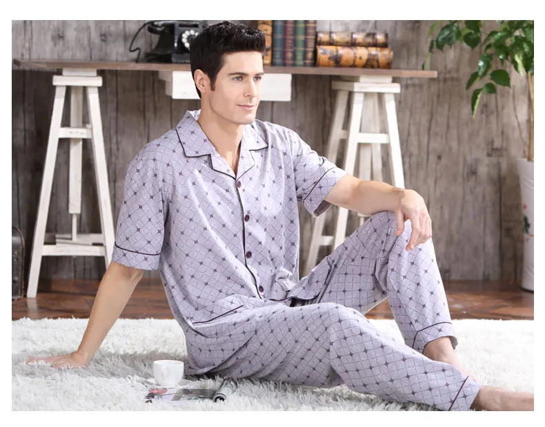 Летние Для мужчин пижамные комплекты хлопковые пижамы геометрический короткий рукав пижамы отложным воротником сна Lounge Повседневное
