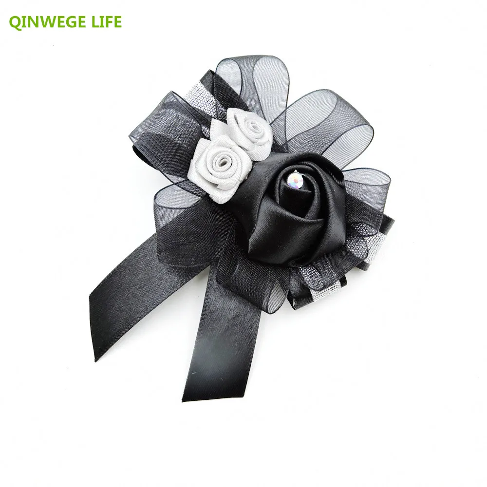 

4PCS Customize Handmade Fabric Artificial Rose Boutonniere Bride Corsage Wrist Flower Wedding Party Church Decor Black