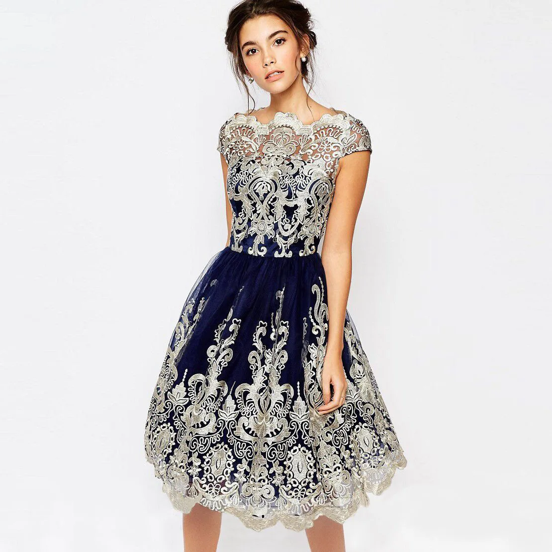 Женское короткое шифоновое платье, кружевное Сетчатое платье с вышивкой, Старинное платье до колен, сексуальное Клубное платье - Цвет: dark blue