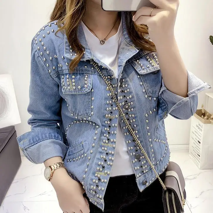 New Rivets Jeans Jacket Women Bf Style Loose Fashion turn down collar