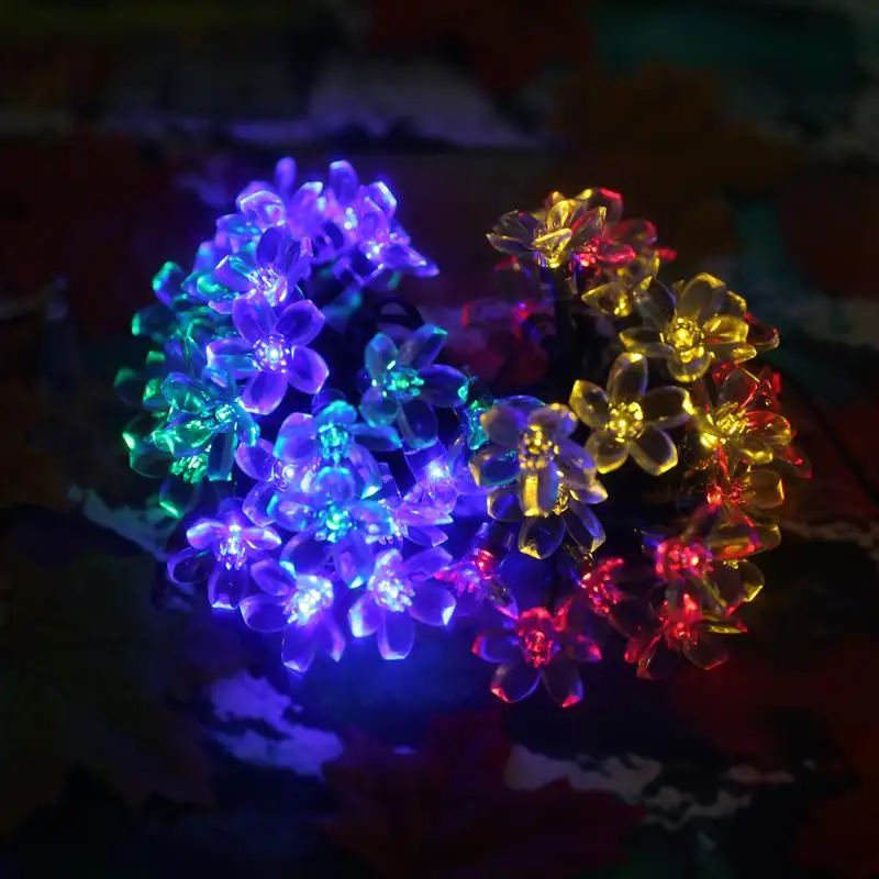 

50 LED Colorful Peach Blossom Flower Garland Solar Flasher Fairy String Light for Xmas Party Wedding Decoration Outdoor Lighting
