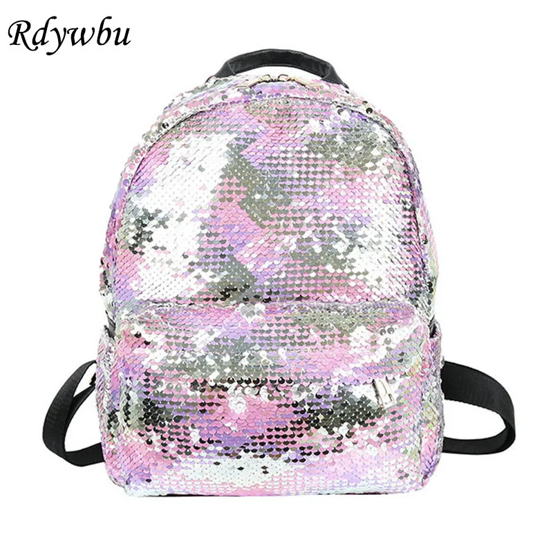 

Rdywbu Reversible Women Sequin Backpack Girls New Fashion Large Capacity School Bag PU Leather Pink Glitter Travel Rucksack B182