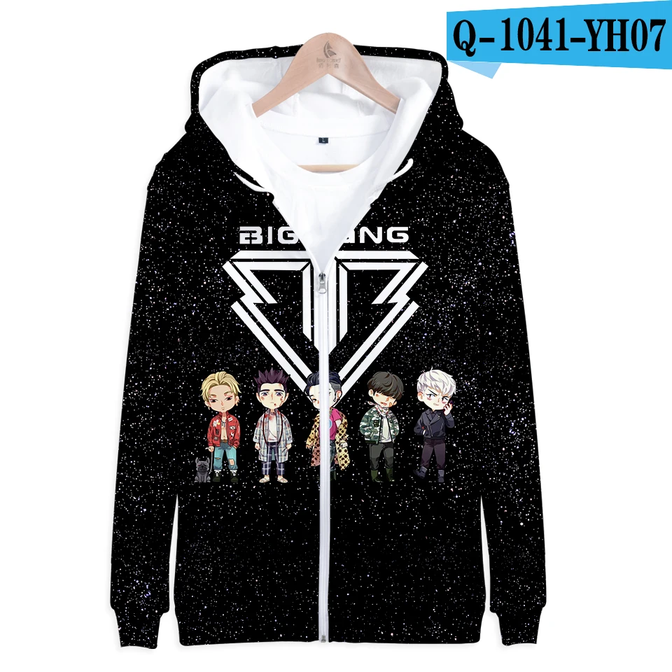 Harajuku BIGBANG kpop молния 3d толстовки кофты для женщин мужчин BIG BANG одежда хип хоп кавайный спортивный костюм плюс размеры - Цвет: Черный