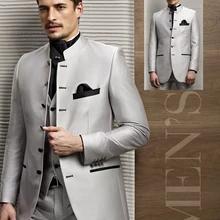 Смокинги для жениха с воротником-стойкой, серый классический мужской свадебный костюм жениха для выпускного вечера, пиджак+ штаны+ жилет