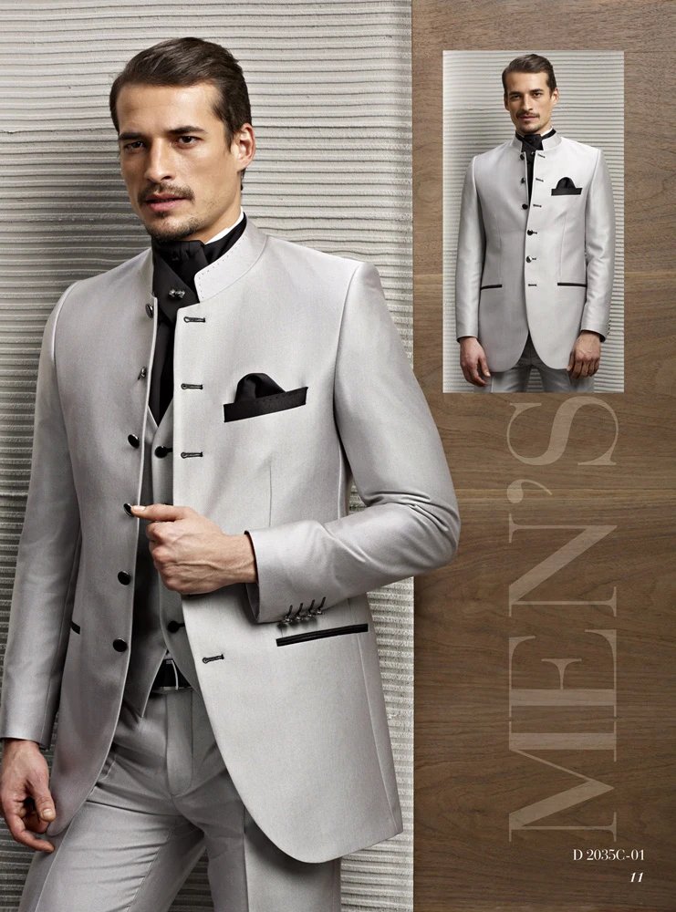 tailor Made Groom Tuxedos Stand Collar Gray Classical Men's Wedding