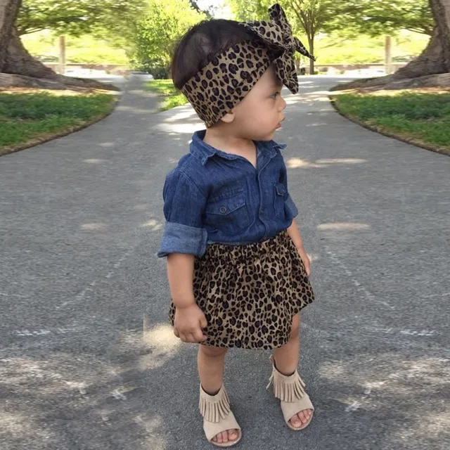 Bentain Cute Baby Girl Clothing Sets Toddler Kids Denim Topsleopard