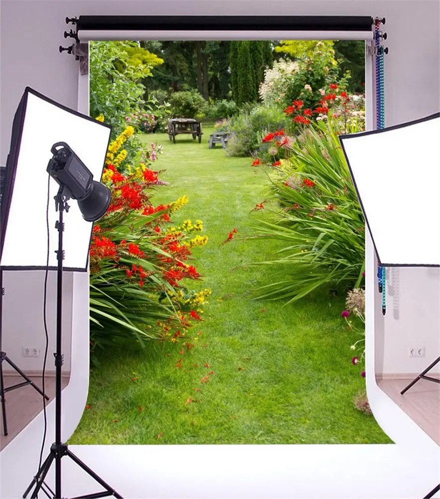 Photography Backdrop Spring Garden Path and Old Wagon Photo Background | Электроника