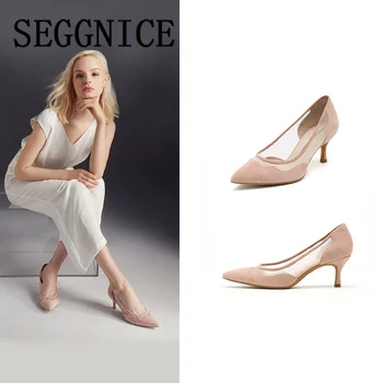 

SEGGNICE Luxury Designer Women's Pumps Mid Heel Leather Heels Shoes for Women 2019 Fashion Ladies Wedding Office Career Elegant
