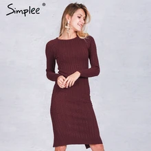 Simplee Элегантный Сплит трикотажные Bodycon платье женские черные длинные рукава сексуальное вечернее платье осень Зимние теплые миди платья vestidos