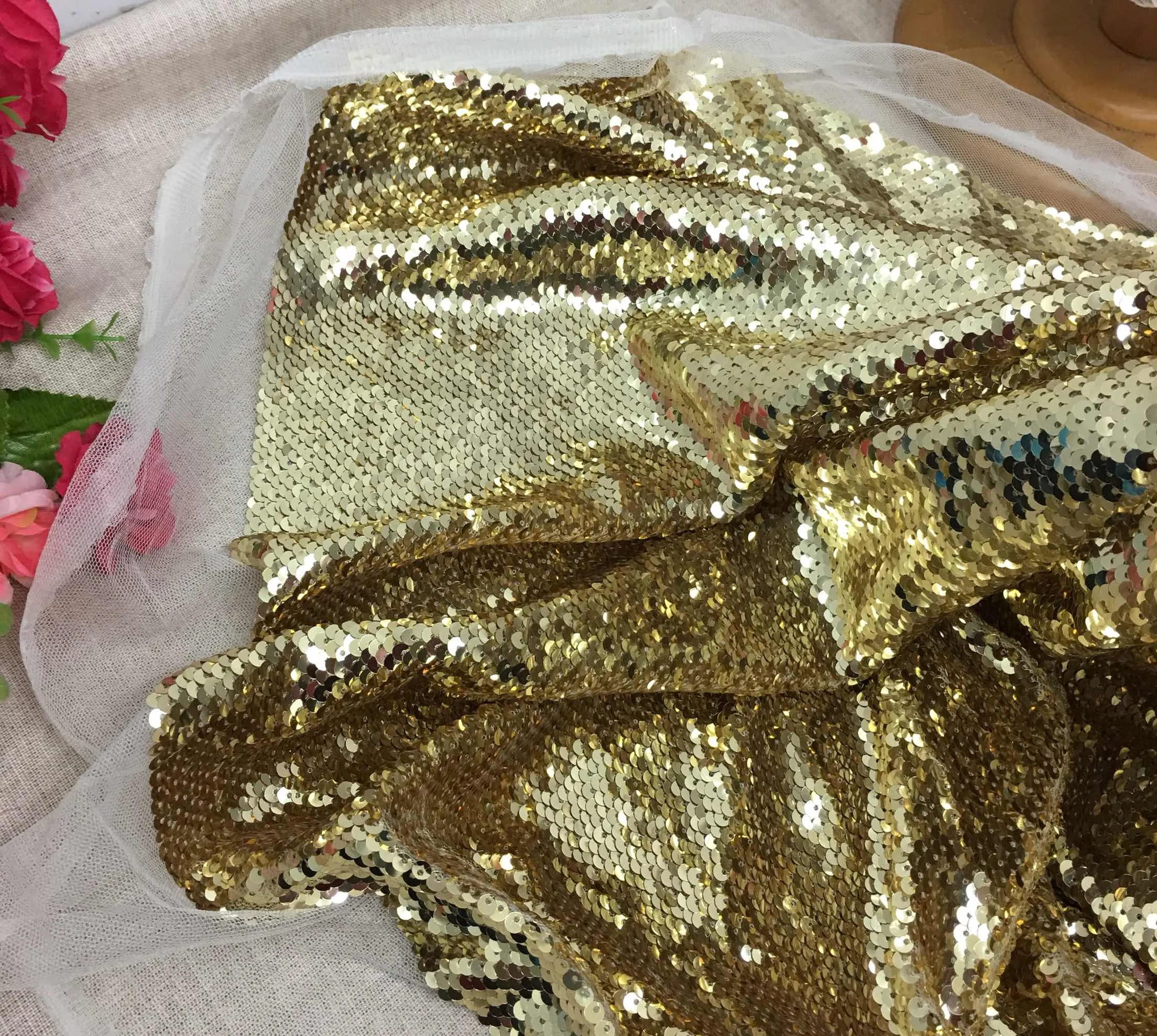 Роскошная золотая рыбка чешуя блесток ткань дизайнер DIY рыбий хвост платье материал стрейч сетка ткань