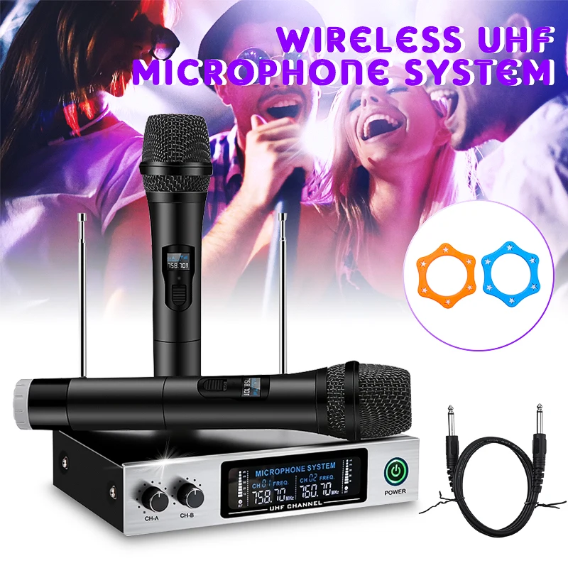

Handheld Microphone UHF Frequencies Dynamic Capsule 2 channels Wireless Microphone LED Display System for Karaoke home party