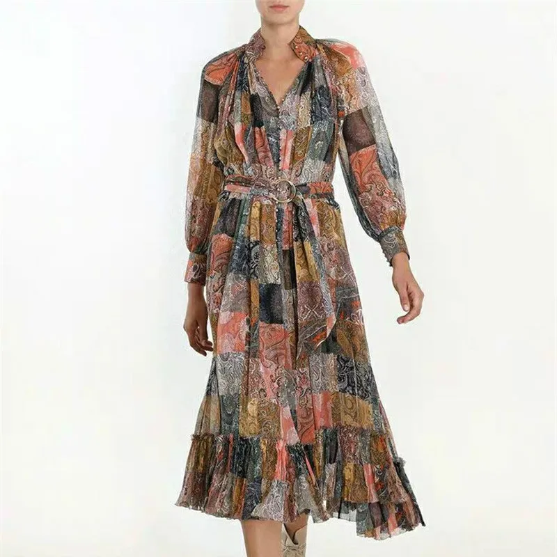 

High Quality Women's Maxi Long Dress Retro Printed Patchwork 2019 Collection Female Elegant Button Sashes Dresses Chic Vestido