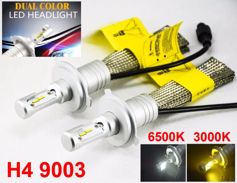 

1 Set H4 HB2 9003 60W 8000LM S5 LED Headlight LUMI ZES Chip Dual Color Changeable 3000K Golden Yellow + 6500K Pure White Fanless