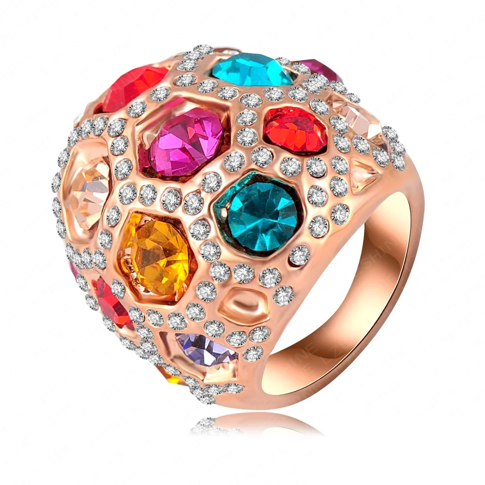Fashion Ring Rose Gold Color Multicolor Austrian Crystals Exaggerated Rings Jewelry 24*24mm Ri