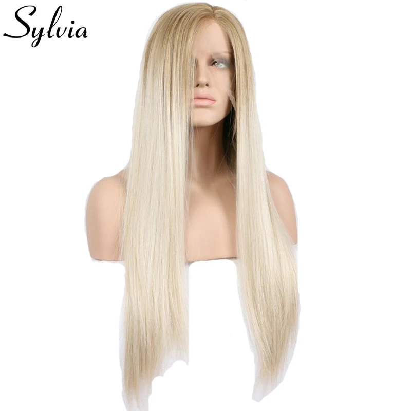 Sylvia натуральная блондинка шелковистой прямо синтетические кружева перед парики с коричневым корни Ombre жаропрочных волокна волос для белой
