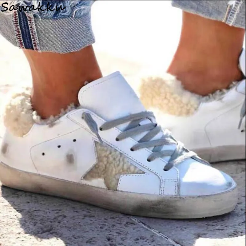 

Popular Dirty Shoes Woman Warm Fur Inside Winter Casual Shoes Lace Up Rubber Sole Flats Stars Leather Sneakers Zapatillas Mujer