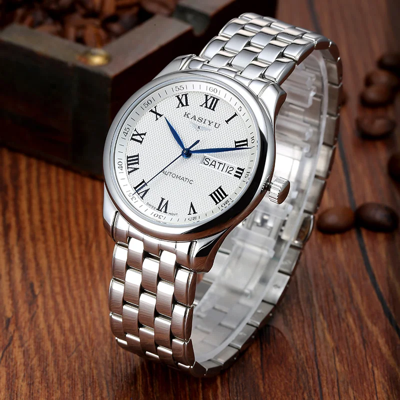 

KASIYU double calendar automatic mechanical core waterproof business men's watch refined steel white base Roman digital watch