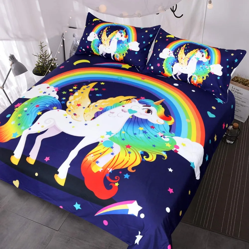 

Blue Unicorn Bedding for Teens Girls Boys Winged Unicorn Rainbow and Stars Fantasy Duvet Cover 3 Pieces Kids Magical Bed Set