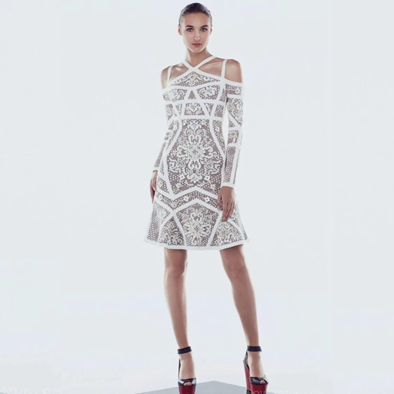 

2018 New Elegant Autumn Jacquard Bandage Dress White Off The Shoulder Sexy Patchwork Bodycon Fashion Evening Celebrity Vestidos