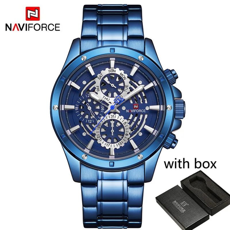 Мужские часы NAVIFORCE от ведущего бренда, роскошные спортивные водонепроницаемые военные наручные часы, полностью Стальные кварцевые мужские часы 9149 - Цвет: NA914901 with box