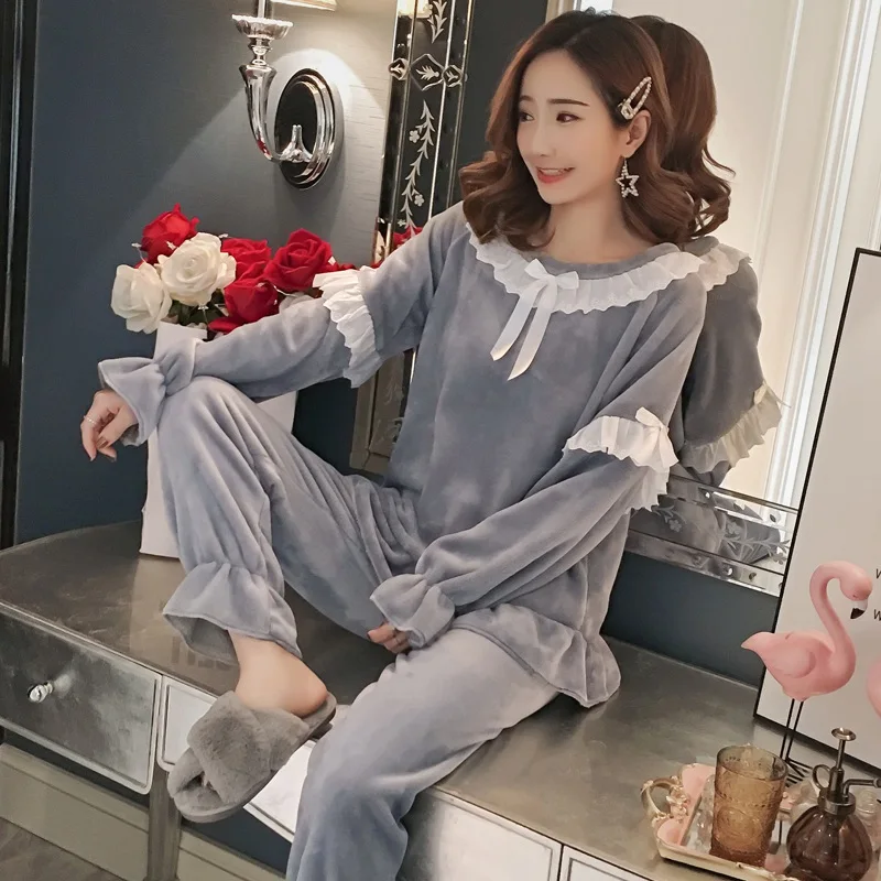 

2019 Winter Thick Warm Flannel Princess Lace Pajama Sets for Women Long Sleeve Pyjama Coral Velvet Homewear Pijama Mujer Clothes