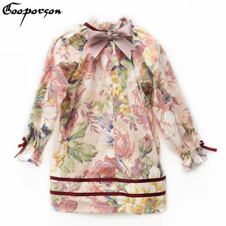 Girls Dress High Quality 100% Cotton Floral Vintage Long Sleeve Dress for Kids Girl Autumn Princess Dress with Bow 2018 Fashion