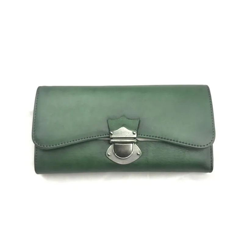 

Vintage Style Hasp Closure Dark Green Women's Long Wallet Genuine Leather Female Card Holders Natural Cow Skin Lady Clutch Purse