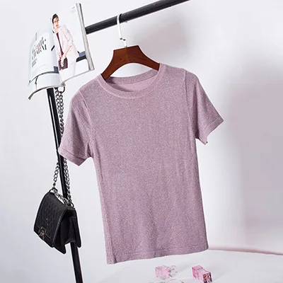 Shintimes Новая Летняя трикотажная футболка женская Повседневная футболка с короткими рукавами дышащая эластичная трикотажная футболка с круглым вырезом Женские топы - Цвет: purple t shirt