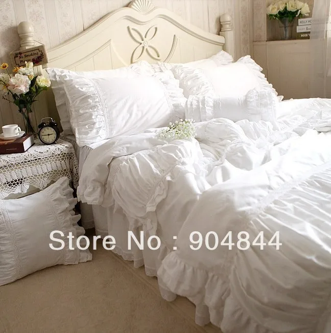 Luxury white lace ruffle bedding sets 4pcs 100% cotton