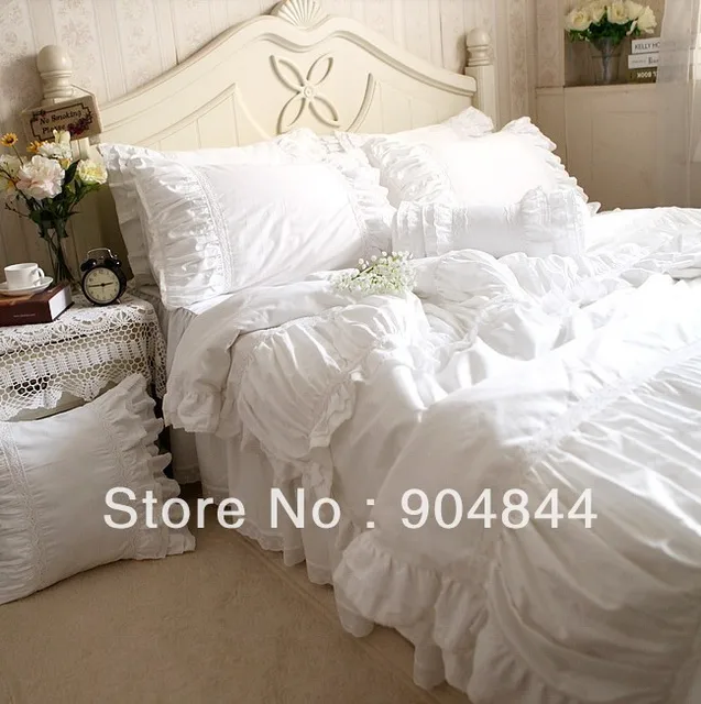 Luxury white lace ruffle bedding sets 4pcs 100 cotton,french princess