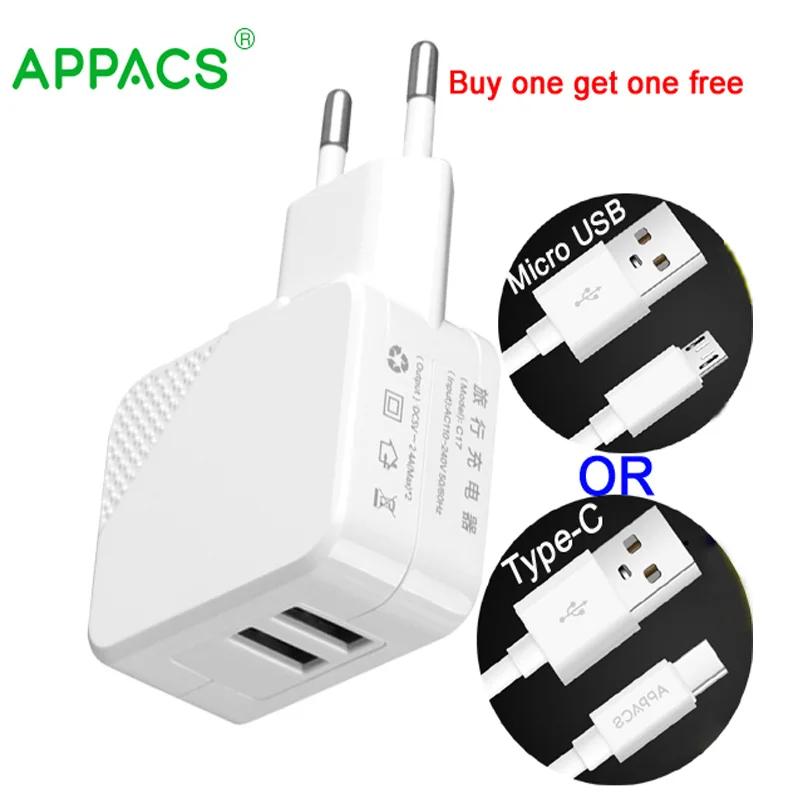 APPACS Dual USB Port Mobile Phone Charger + 1m Charging