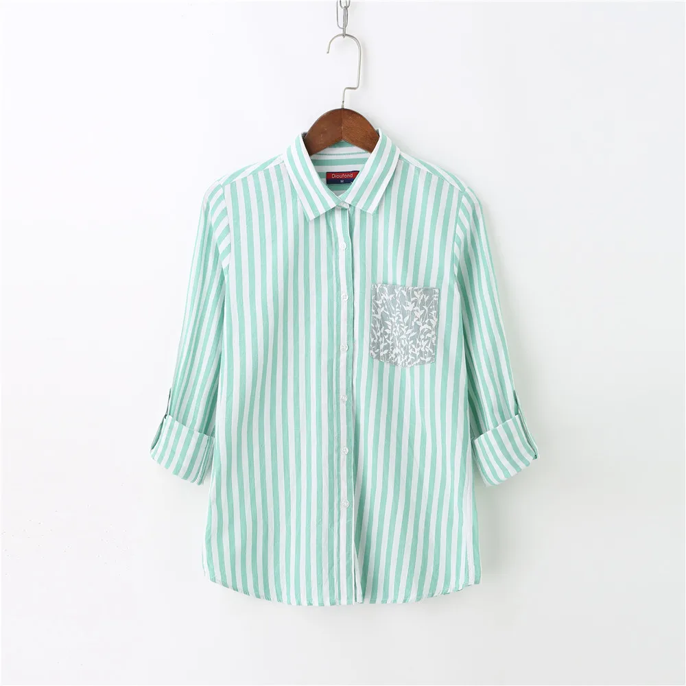 Dioufond Women Green Striped Blouse Casual Long Sleeve Shirt Women