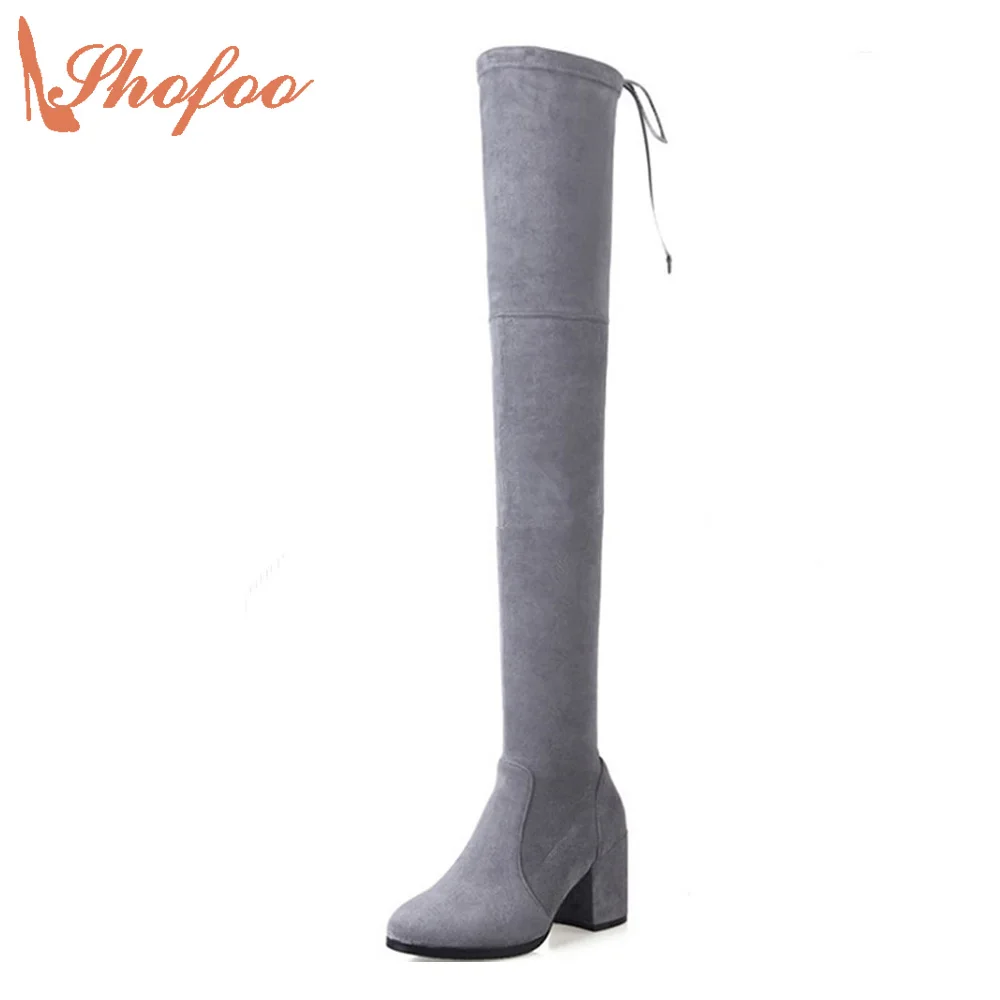 Shofoo Women Faux Suede Thigh High Boots Thigh High Boots Stretch Sexy High Heels Woman Shoes Black Gray Wine Red Brown Botas