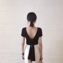 Летняя Открытая открытая футболка с круглым вырезом и коротким рукавом, Женская Повседневная футболка, уличная футболка со шнуровкой и бантом, большие размеры S-5XL