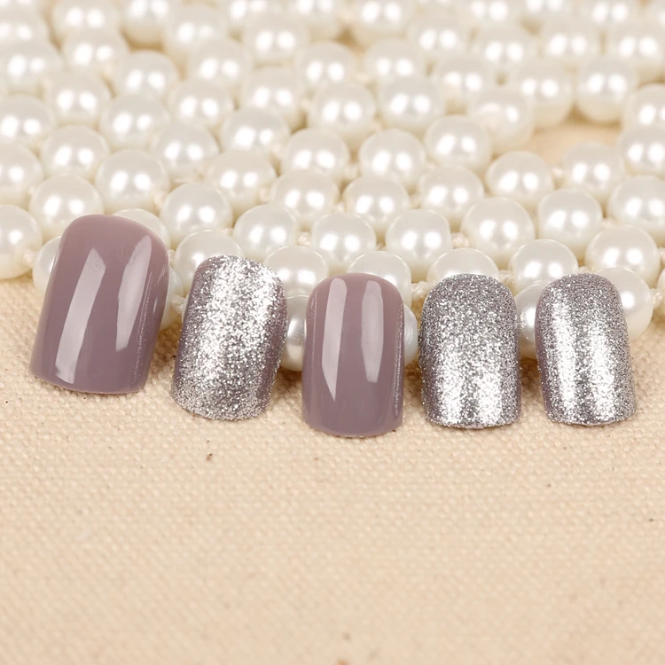

LIARTY 24 Pcs Milk Gray Short False Nails Acrylic Nail Art Tips Glitter Smooth Style Full Cover Nail Art Tips