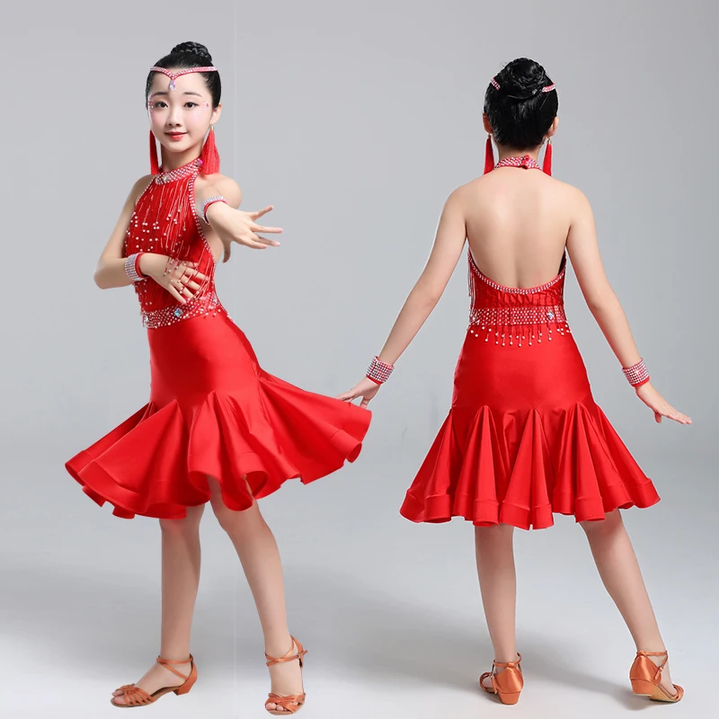 

New Red Latin Dance Rhinestone Dress Kids Dresses For Girls Tango Waltz Dress Ballroom Competitive Dance Wear Clothing BL1324